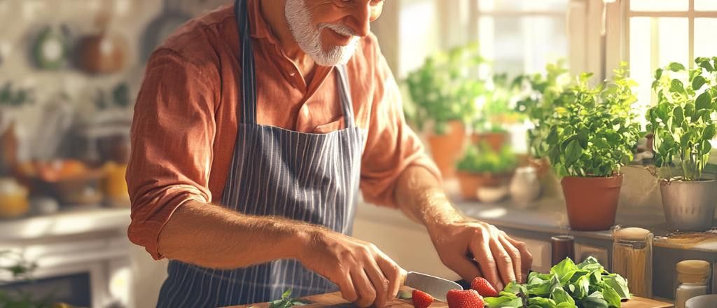 An older man with a white beard is smiling and wearing a striped apron while chopping strawberries and basil on a cutting board in his kitchen. Sunlight streams in from a window behind potted herbs on the counter.