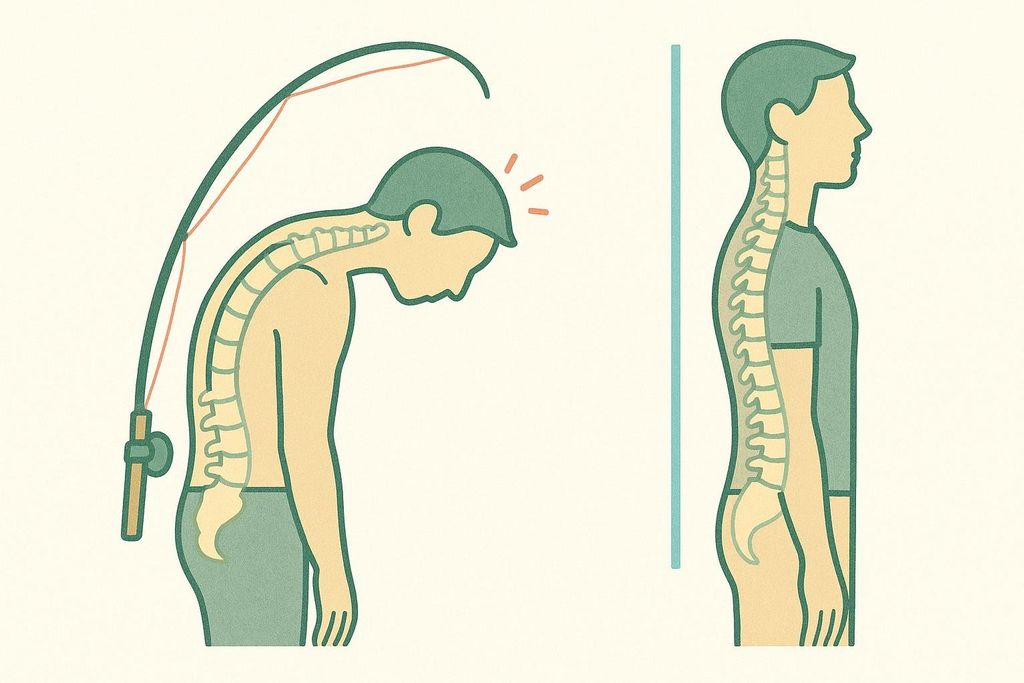 Illustration showing spinal rounding error known as the fishing rod