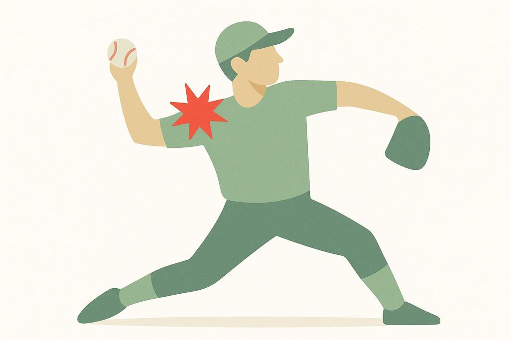 An illustration of a baseball pitcher in mid-throw, wearing a green uniform and cap. A red, star-like burst is shown on their right shoulder, indicating pain or injury.
