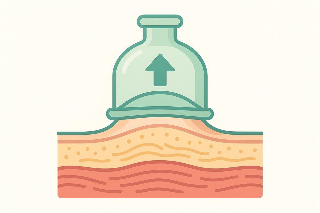An illustration showing a cupping therapy cup lifting layers of skin and muscle tissue through suction, with an upward arrow inside the cup.
