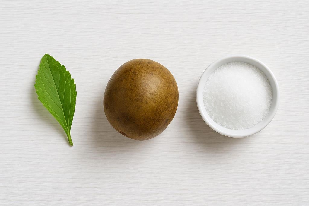 A flat lay of natural sugar alternatives: a green stevia leaf, a brown monk fruit, and a white bowl of granular allulose, all arranged on a white wood surface.