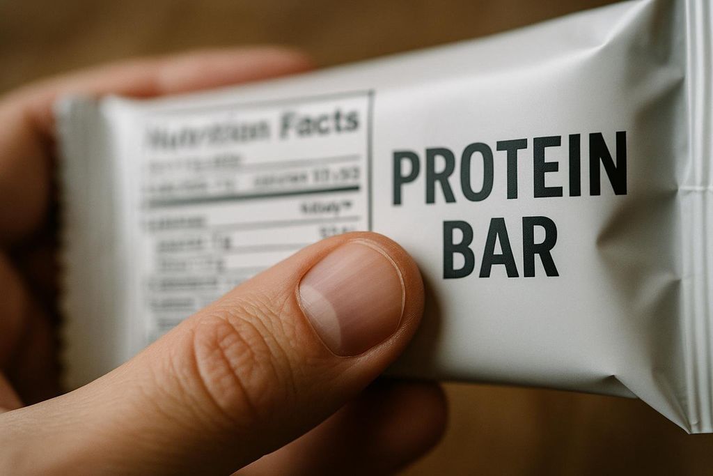 A person carefully reads the nutrition facts label on a white protein bar, held between their fingers. The words 'PROTEIN BAR' are clearly visible on the packaging.