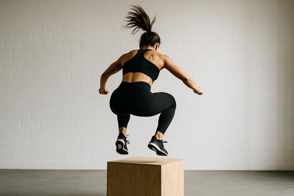 A woman with her back to the viewer performs a box jump in an indoor gym with a white brick wall. She is airborne above a wooden box, wearing black athletic wear and her hair is in a high ponytail.
