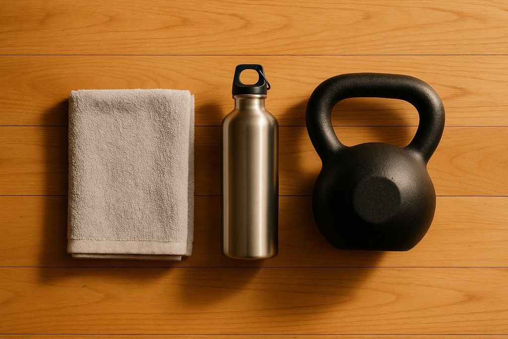 A beige gym towel, a silver water bottle, and a black kettlebell are neatly arranged side-by-side on a light brown wooden floor.