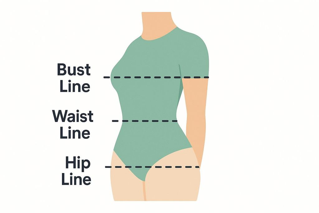A diagram illustrating the correct points to measure bust, waist, and hips on a female body. Dashed lines indicate the bust line across the chest, the waist line at the narrowest part of the torso, and the hip line at the widest part of the hips.