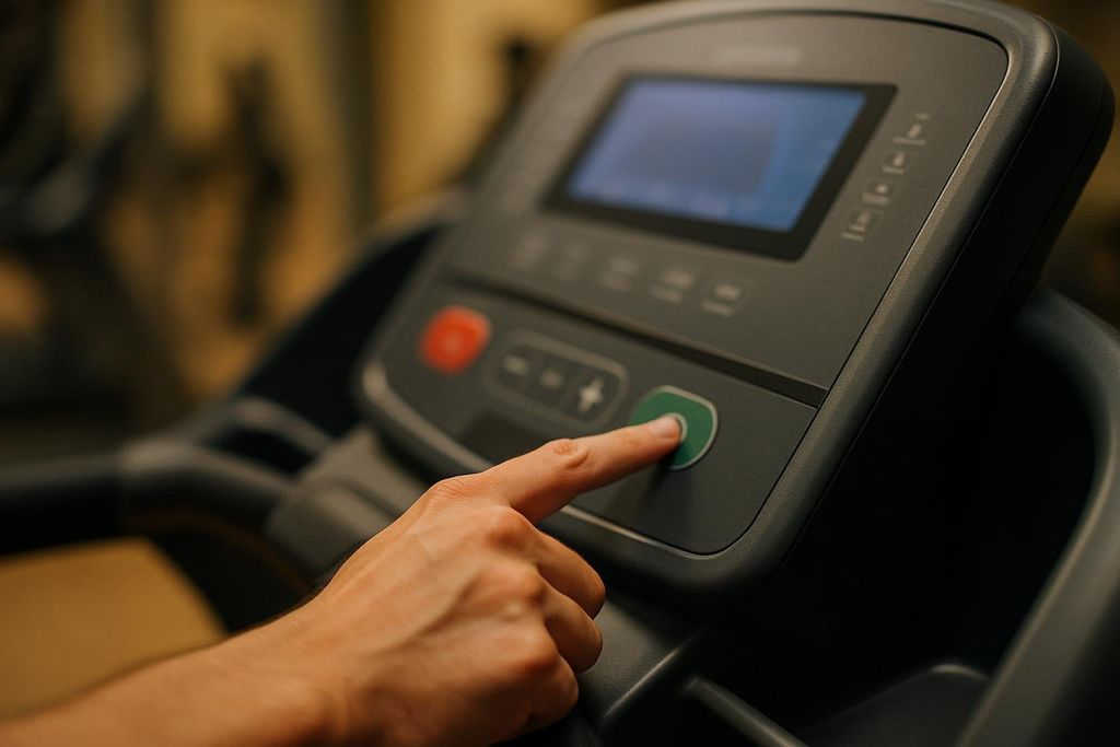 A person's hand presses a green start button on the control panel of a treadmill. The display screen is dark, and other buttons are visible in the background.
