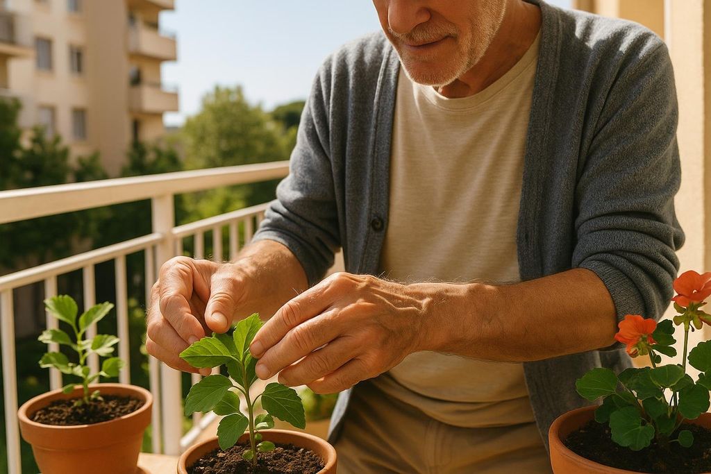 A senior man with a beard and gray cardigan tends to a small plant in a terracotta pot on a sunny balcony. His hands gently touch the leaves of the plant, with other potted plants and a white railing visible. Apartment buildings and trees are in the background.