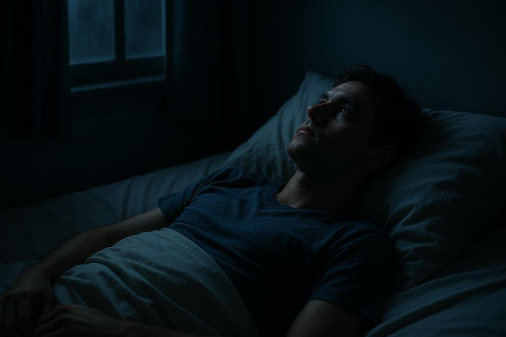 A man lying awake in bed in a dark bedroom, staring upwards with a thoughtful expression, struggling with sleeplessness.
