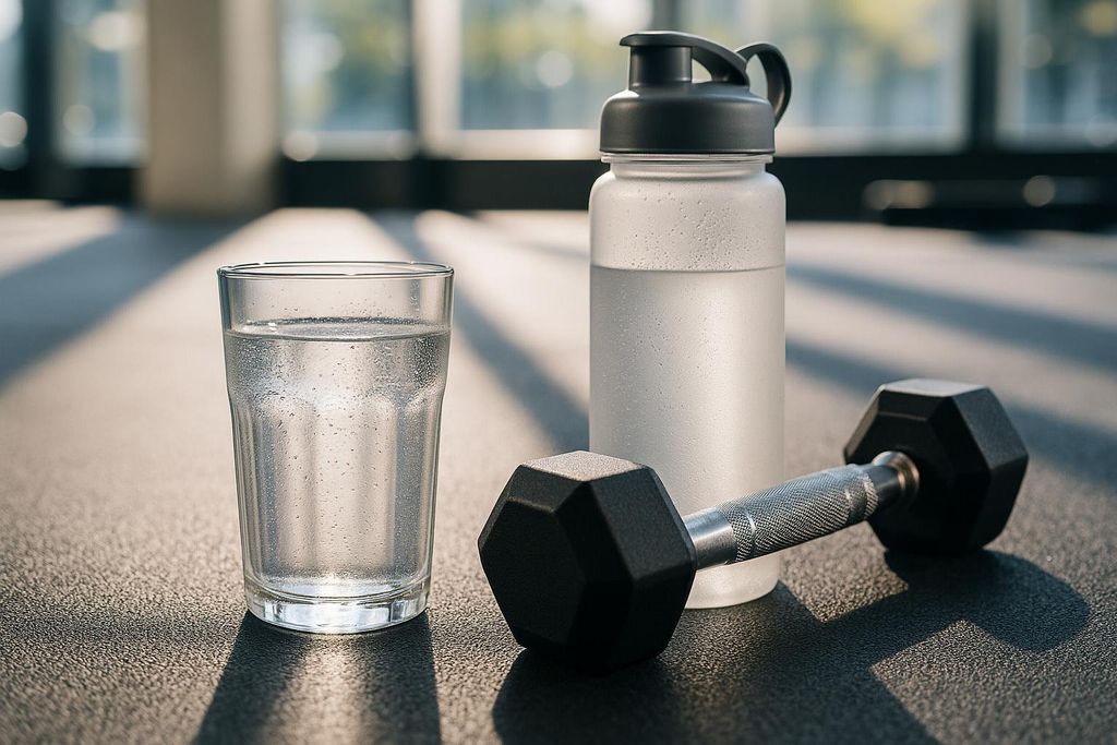 A close-up shot of a glass of water and a water bottle next to a dumbbell, emphasizing the importance of hydration during exercise.