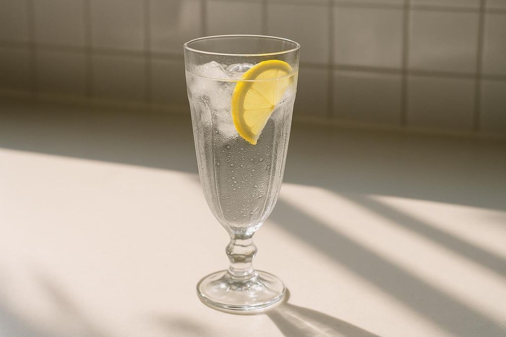 A close-up shot of a clear glass filled with iced water and a slice of lemon on a light-colored surface. The glass is beaded with condensation and natural light creates shadows across the surface.
