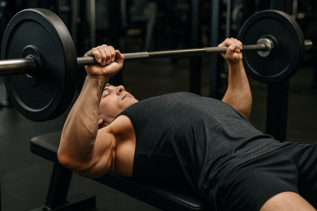 A man lies on a weight bench, gripping a barbell above his chest, preparing for a flat barbell bench press.