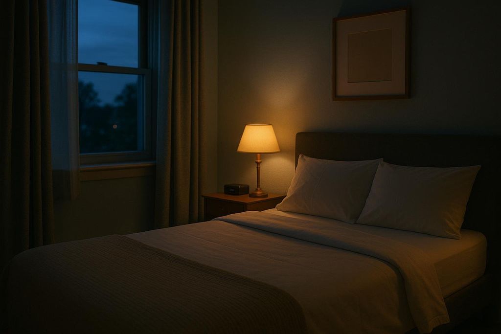A dimly lit bedroom at night with a made bed, an illuminated bedside lamp, and a window showing the dark outside. The room appears calm and inviting.