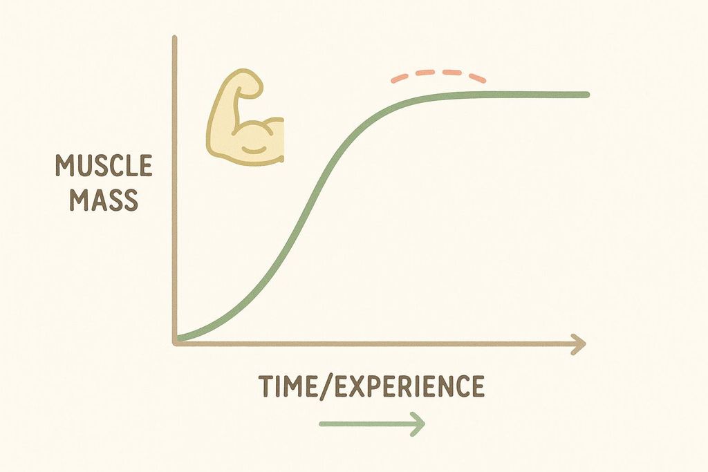 A line graph illustrating the muscle growth curve: it starts with steep gains, then slows down, and eventually plateaus.
