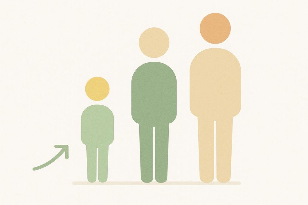 Abstract figures representing different age groups, with a focus on younger populations indicated by an arrow.