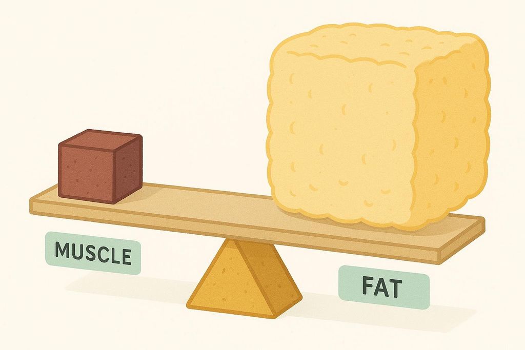 An illustration showing a balance scale. On the left, a small, dense brown cube labeled "MUSCLE" weighs down its side of the scale. On the right, a much larger, lighter yellow cube labeled "FAT" is elevated on its side, demonstrating that muscle is denser than fat at the same weight.