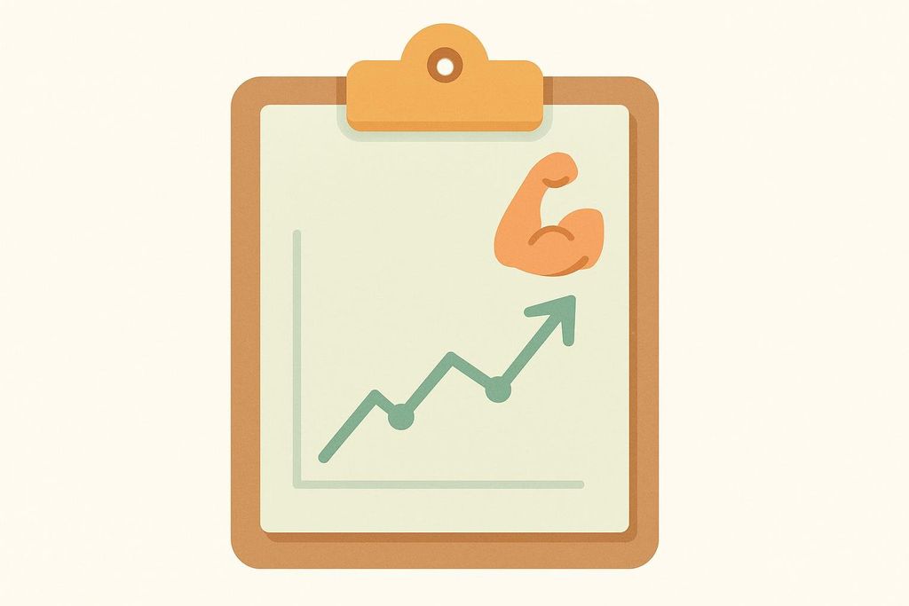 An illustration of a clipboard displaying a green line graph with an upward trend, next to an orange bicep icon, symbolizing improved fitness.