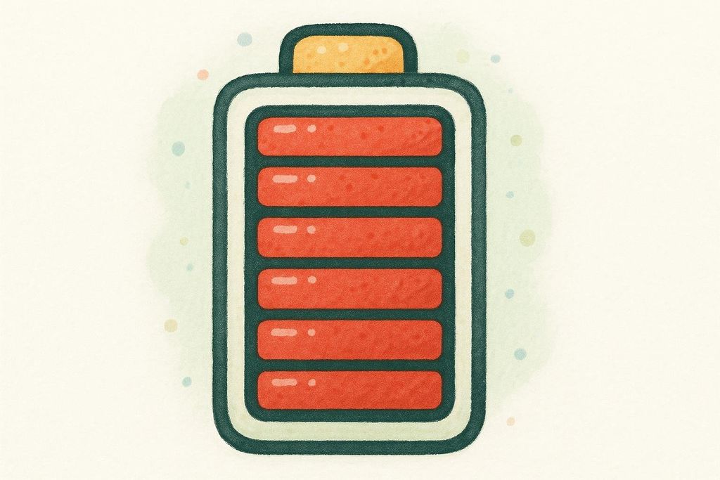 An illustrated icon of a battery with a full red charge, symbolizing full energy or high intensity. The style has a textured, slightly grainy appearance.