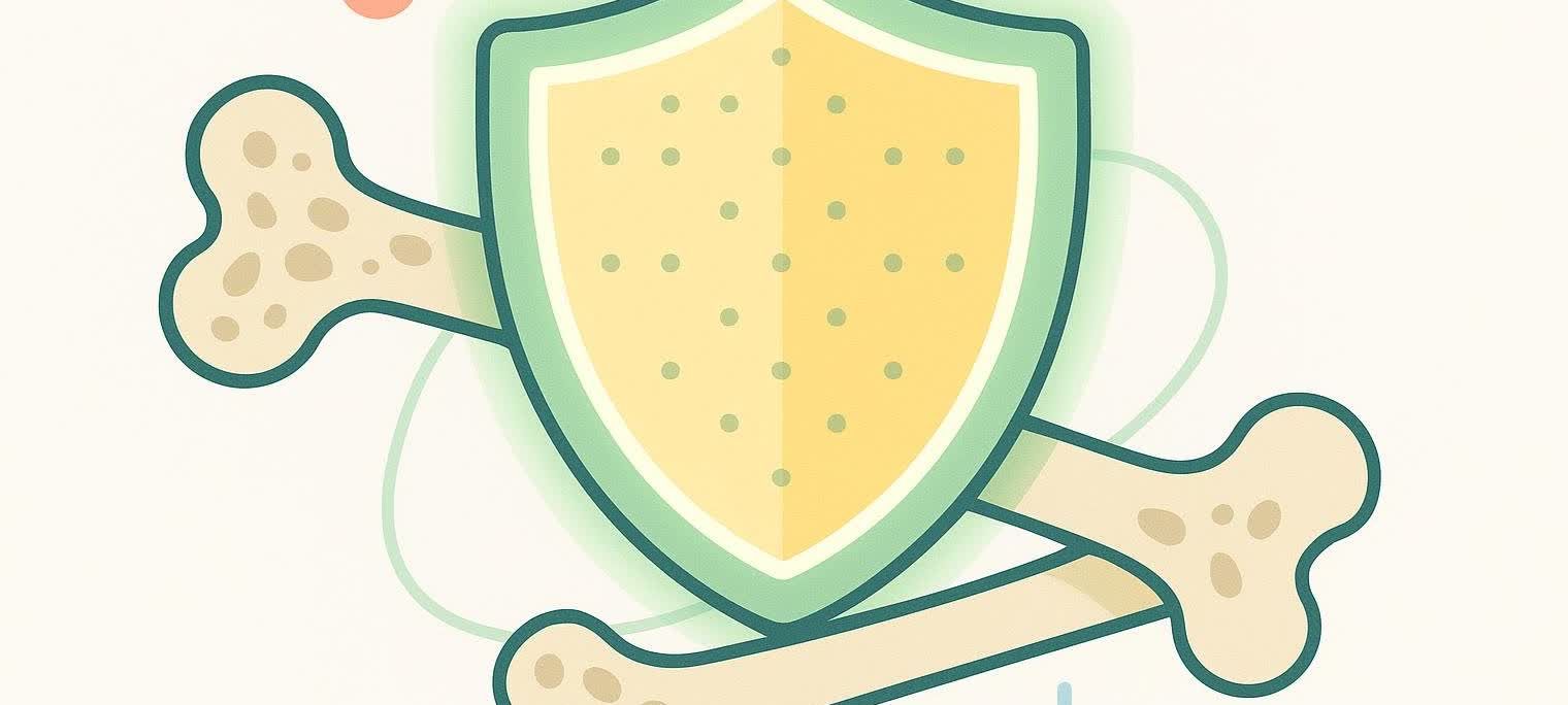 An illustration depicting a yellow shield with green borders protecting a light beige bone. The bone has darker beige spots, indicating texture. The shield is centered, with parts of the bone visible on both sides, suggesting the bone passes through or is behind the shield. The background is a light off-white with subtle, light green abstract lines. The image symbolizes bone health and protection.