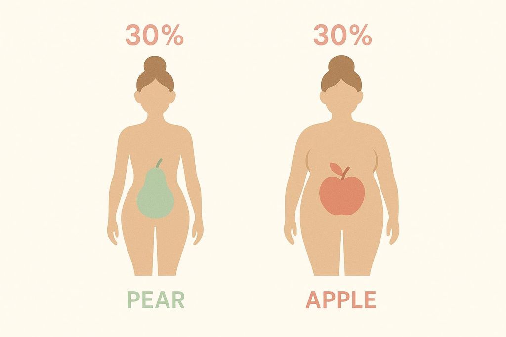 Illustration comparing two different female body types, both at 30% body fat: a pear shape (narrower waist, wider hips and thighs, with a green pear icon on the lower body) and an apple shape (wider waist and torso, with a red apple icon on the stomach). The image highlights how appearance varies despite the same body fat percentage.