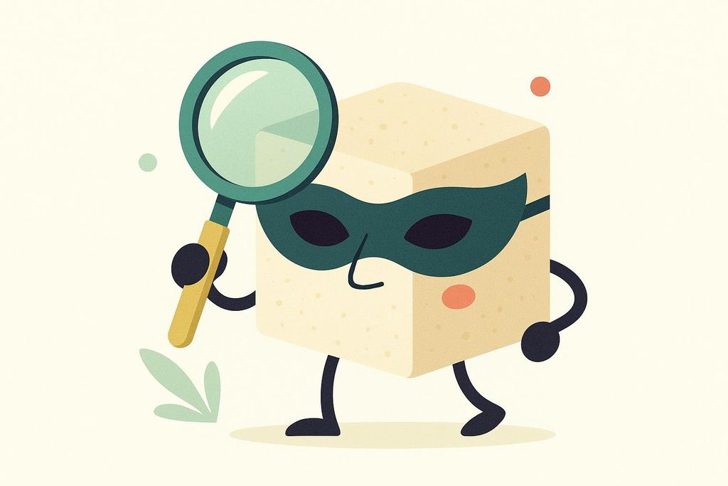 A cartoon illustration of a sugar cube wearing a green mask, holding a magnifying glass, representing the hidden sugars often found in food ingredient lists. Small leaves and dots in green and orange surround the character.