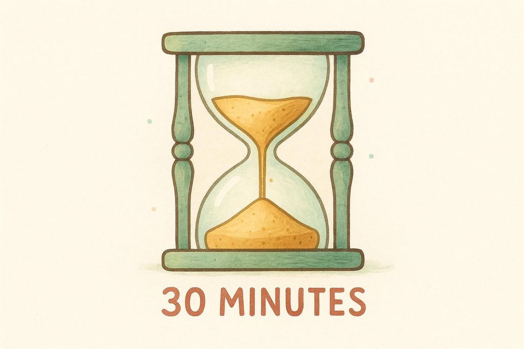 A vintage-style illustration of an hourglass with sand nearing the bottom chamber, indicating a passage of time. Below it, the text reads '30 MINUTES' in a warm, muted brown font on a light cream background.