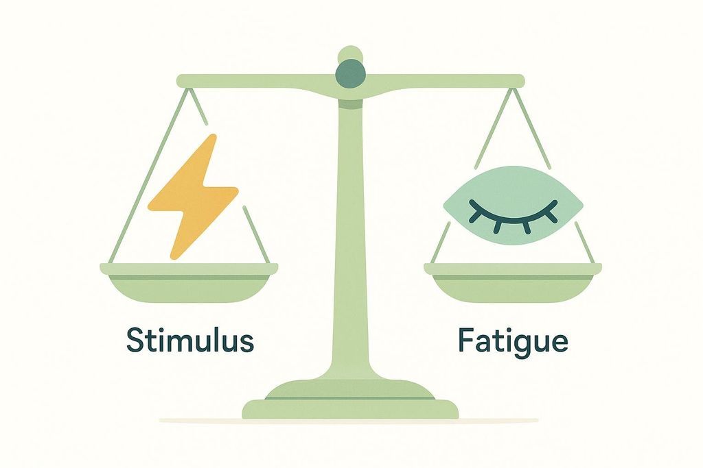 A diagram shows a balanced scale with a yellow lightning bolt symbol and the word "Stimulus" on the left side, and a green stylized eye symbol with the word "Fatigue" on the right side. The scale is perfectly level, indicating a balance between stimulus and fatigue.
