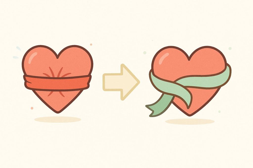 Illustration showing a red heart originally constricted by a tight red band, then transforming into a relaxed heart gently wrapped with a loose green ribbon, symbolizing lowered blood pressure and improved heart health.