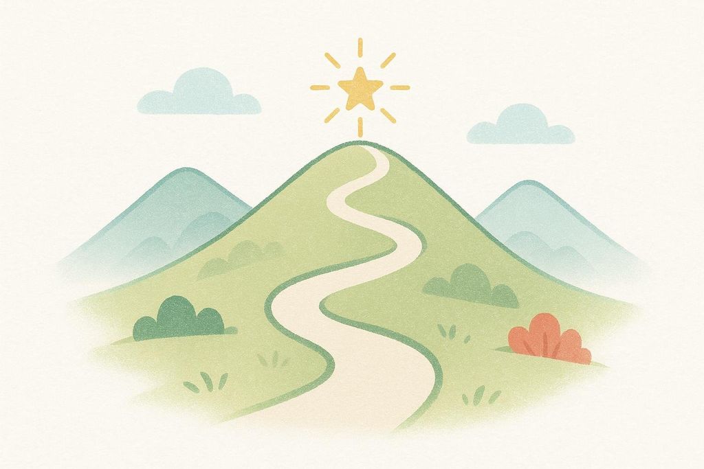An illustration of a winding path leading up a green hill towards a shining yellow star at the top. This represents working towards a goal.