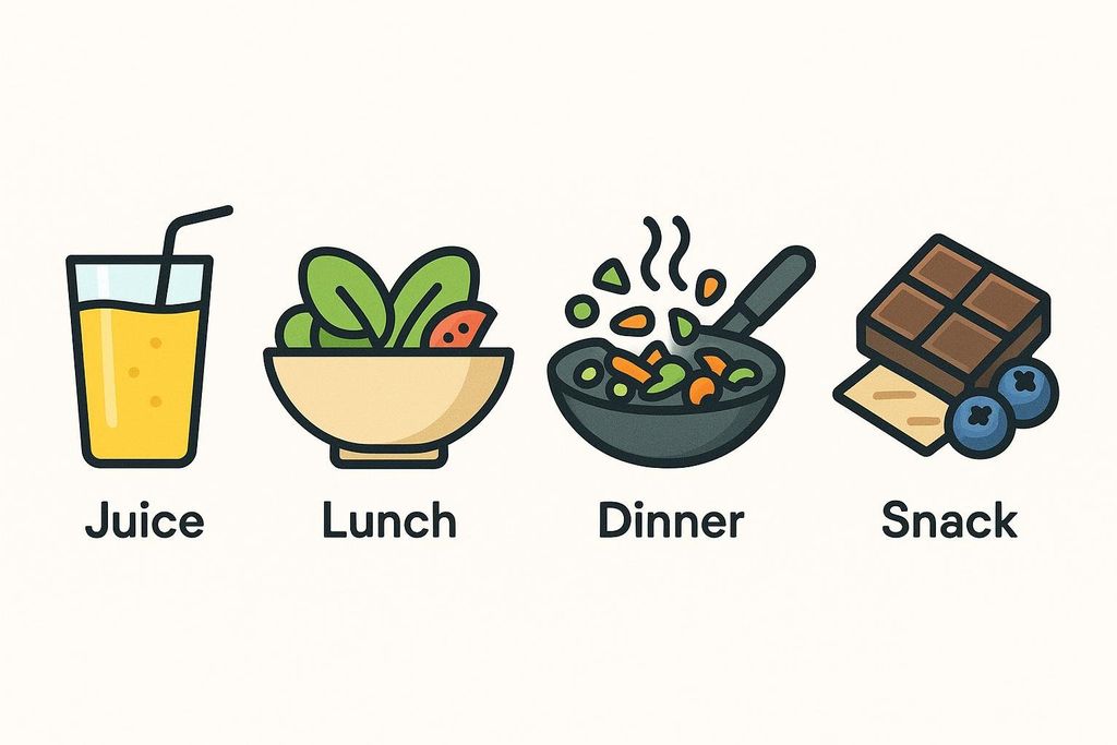 Row of four icons: a juice glass labeled 'Juice', a salad bowl labeled 'Lunch', a stir-fry pan labeled 'Dinner', and a chocolate square with blueberries labeled 'Snack'.