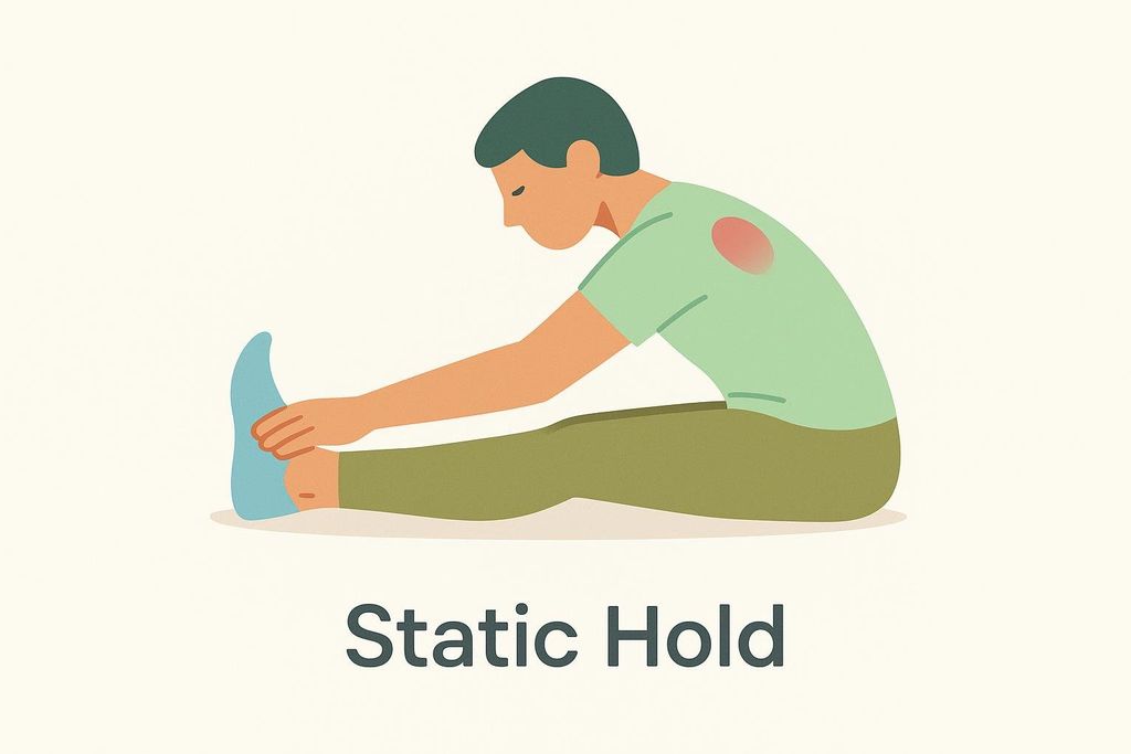 An illustration of a person with green pants and a light green shirt doing a seated hamstring stretch, reaching for their toes. The words 'Static Hold' are written below the illustration. A red shaded area is visible on the person's upper back.