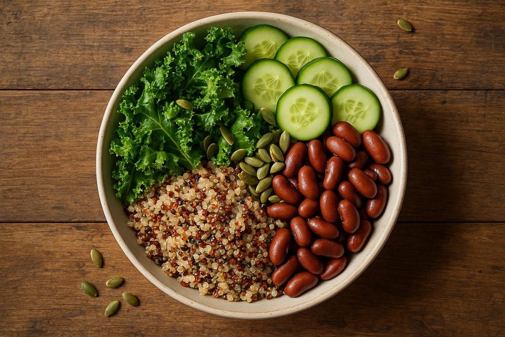 A healthy bowl filled with leafy greens and seeds