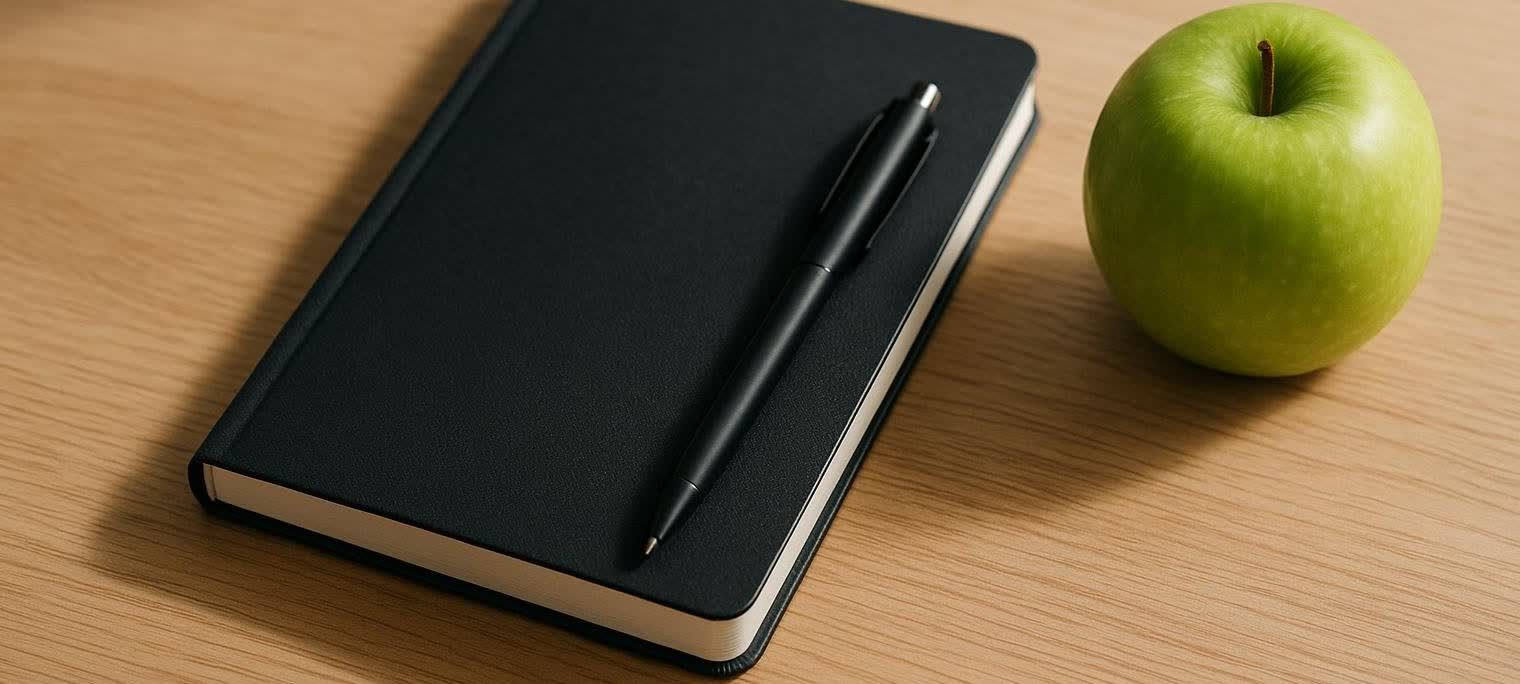 A notebook, pen, and green apple arranged on a desk