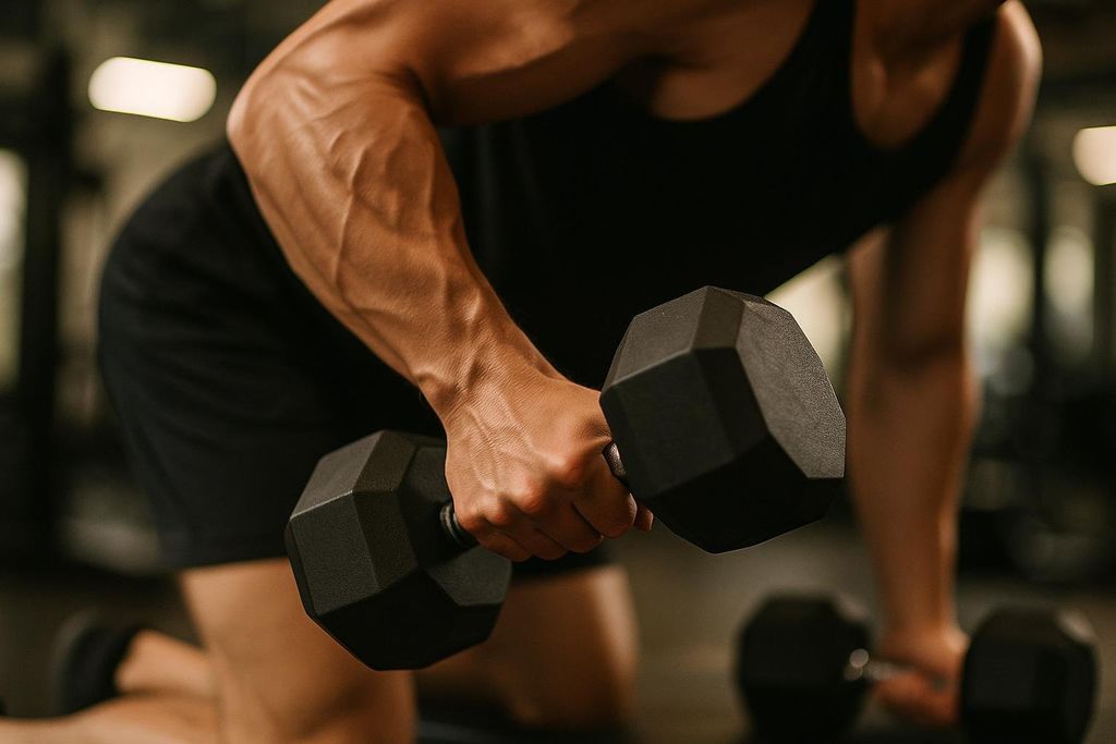 Close-up of a muscular man in a black tank top and shorts, performing a dumbbell row in a gym, with his veiny forearm and hand gripping a black hexagon dumbbell.