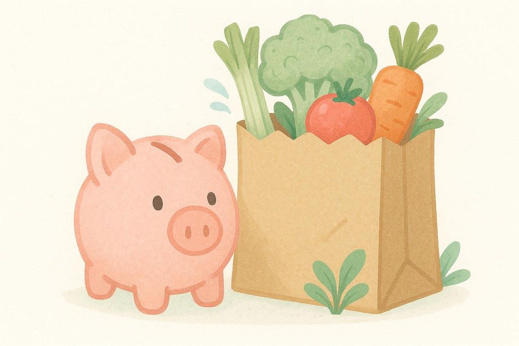 An illustration of a pink piggy bank next to a brown paper grocery bag filled with vegetables like broccoli, carrots, onions, and a tomato. The image symbolizes budgeting for food or grocery expenses.