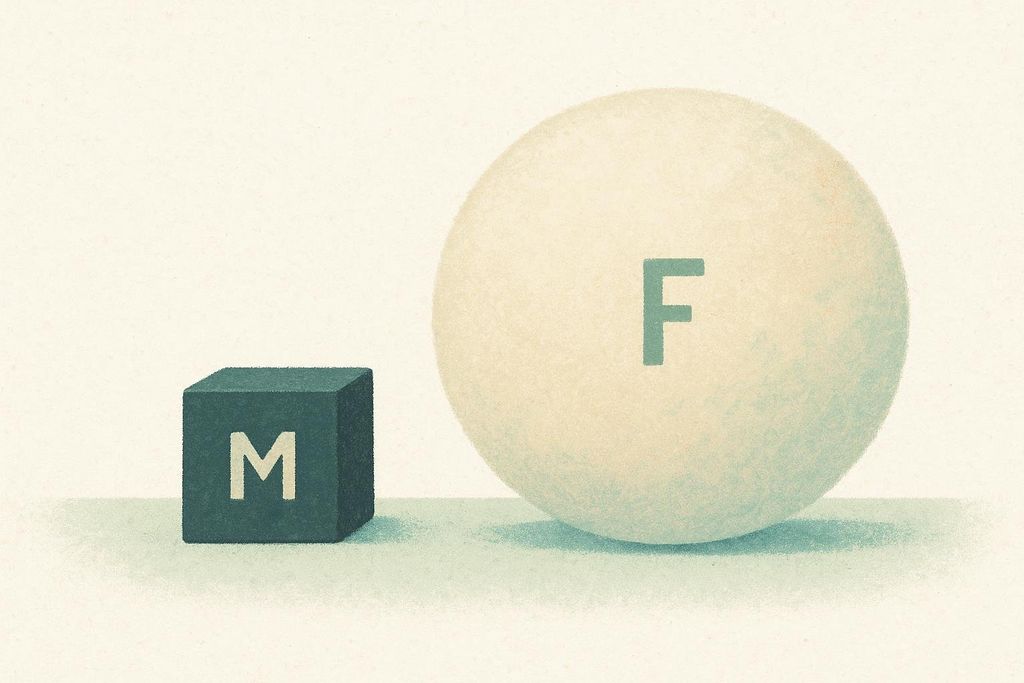 Abstract comparison of a small dense cube versus a large fluffy sphere