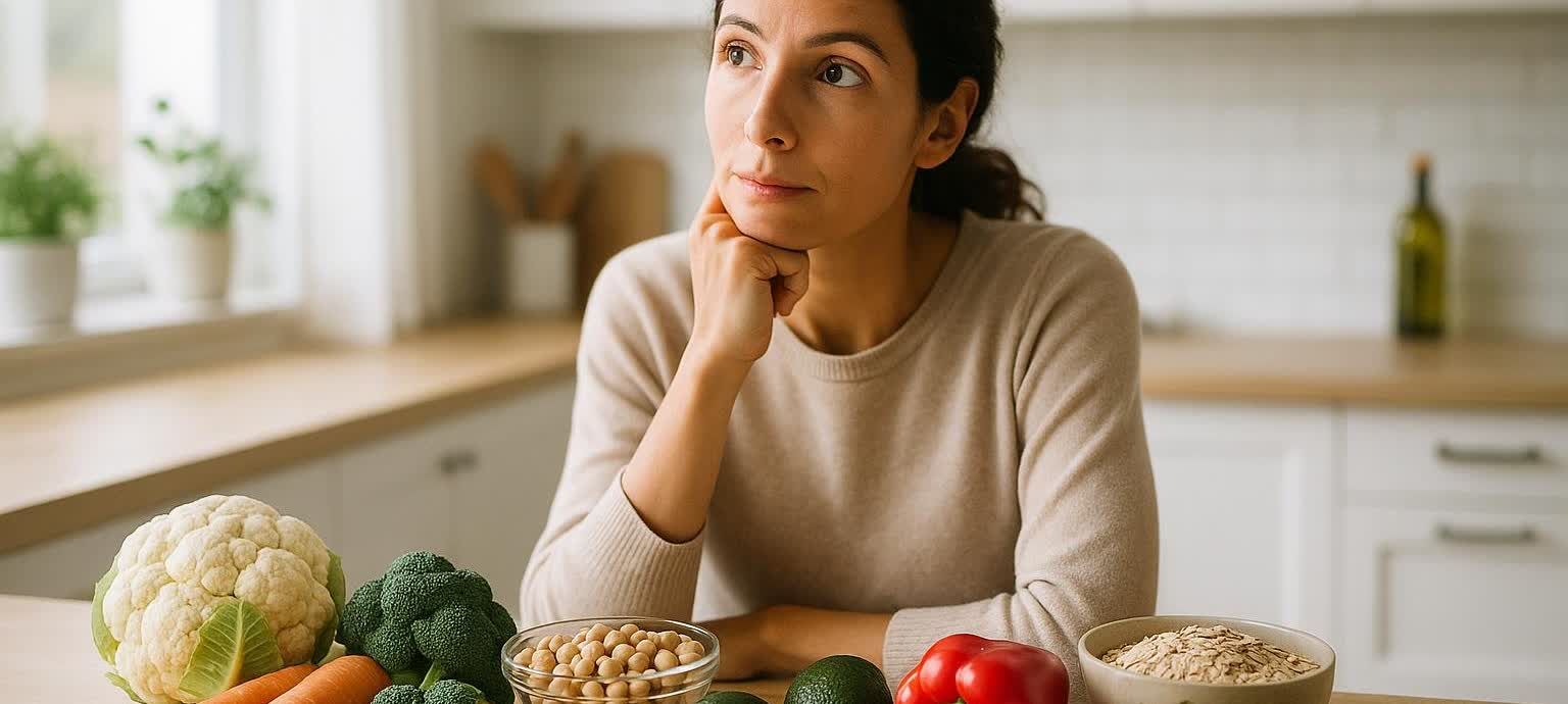 A woman with dark hair and a light-colored top sits at a kitchen counter, resting her chin on her hand in thought. In front of her are various healthy food items including cauliflower, broccoli, carrots, chickpeas, avocados, red bell peppers, and oats.