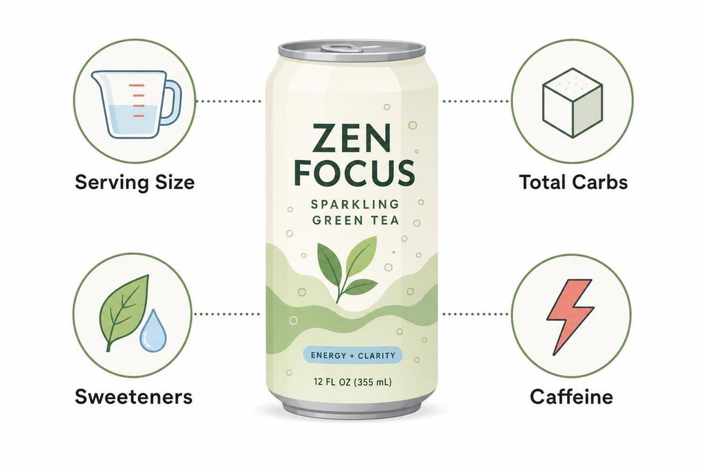 A diagram illustrating a 'Zen Focus Sparkling Green Tea' can at the center, surrounded by four circular icons linked by dotted lines. The icons represent 'Serving Size' (a measuring cup), 'Total Carbs' (a sugar cube), 'Sweeteners' (a leaf and a water drop), and 'Caffeine' (a lightning bolt).