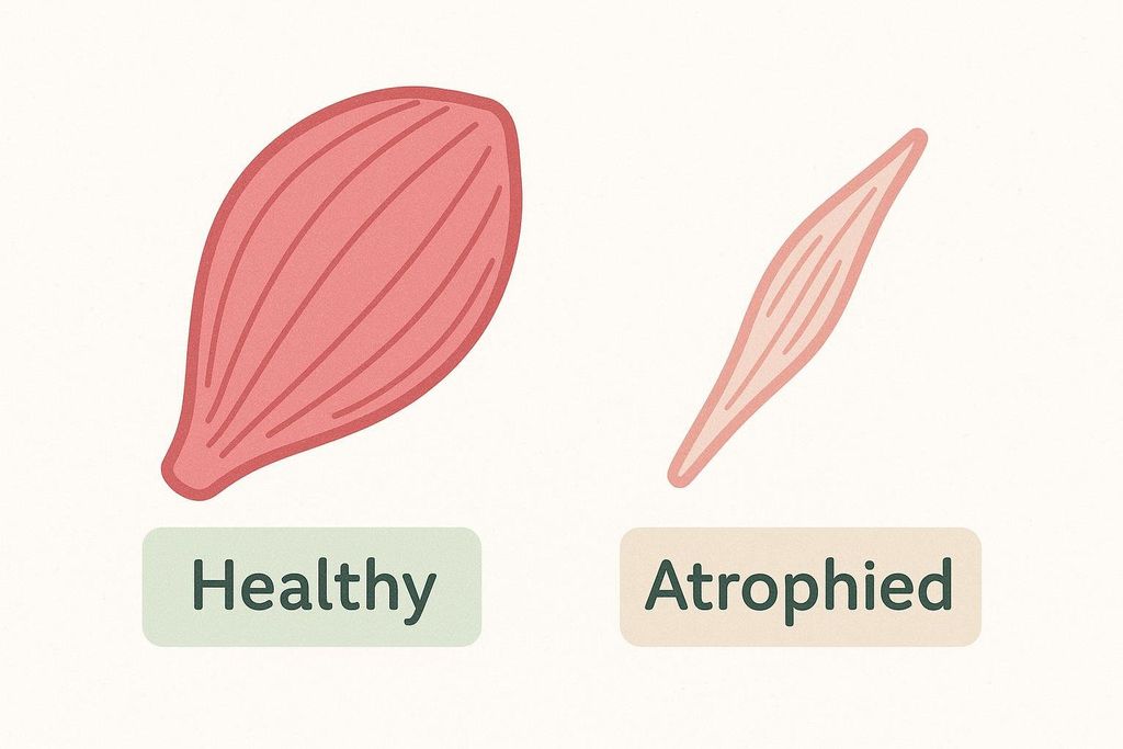 An illustration comparing a healthy, larger muscle fiber to a smaller, atrophied muscle fiber, demonstrating the effects of muscle disuse.