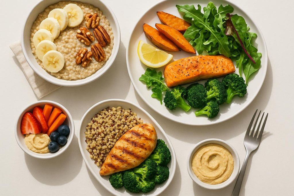 Overhead photo of feast day spread: oatmeal with banana and nuts, grilled chicken with quinoa, baked salmon with sweet potato, and fruit with hummus and carrots.