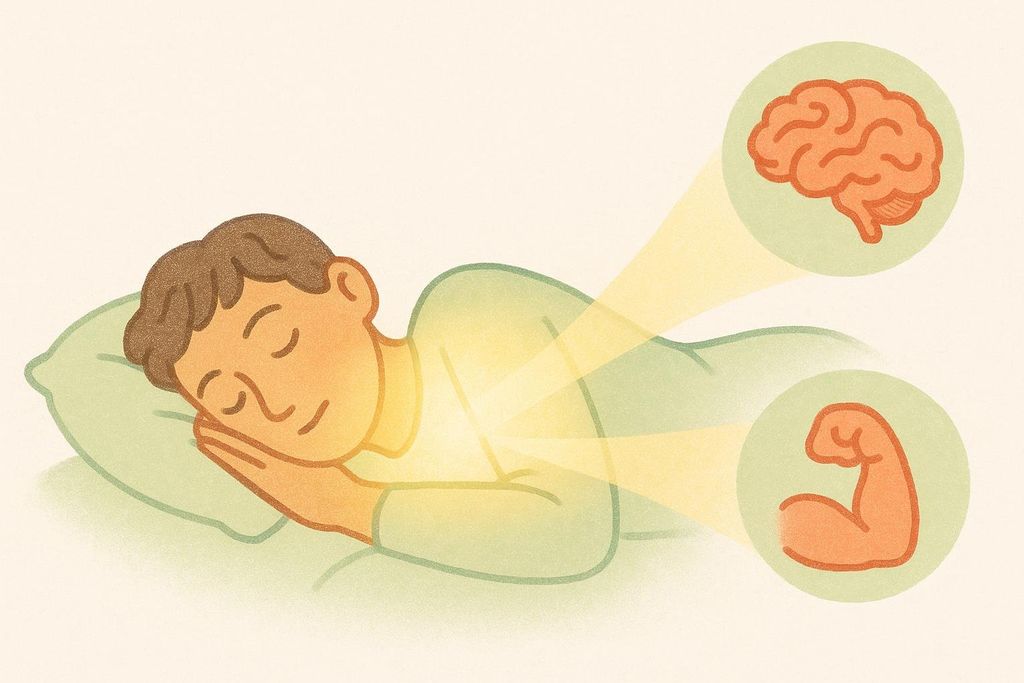 An illustration of a person sleeping peacefully on a pillow. Glowing lines emanate from their body, connecting to icons of a brain and a flexed bicep, symbolizing recovery and repair of the mind and muscles during sleep.