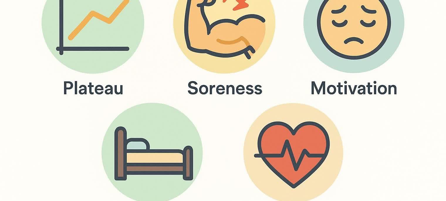 An illustration showing five circular icons representing common fitness challenges and recovery elements. The icons include a graph for 'Plateau', a bicep for 'Soreness', a sad face for 'Motivation', a bed for rest, and a heart with an EKG line for health.