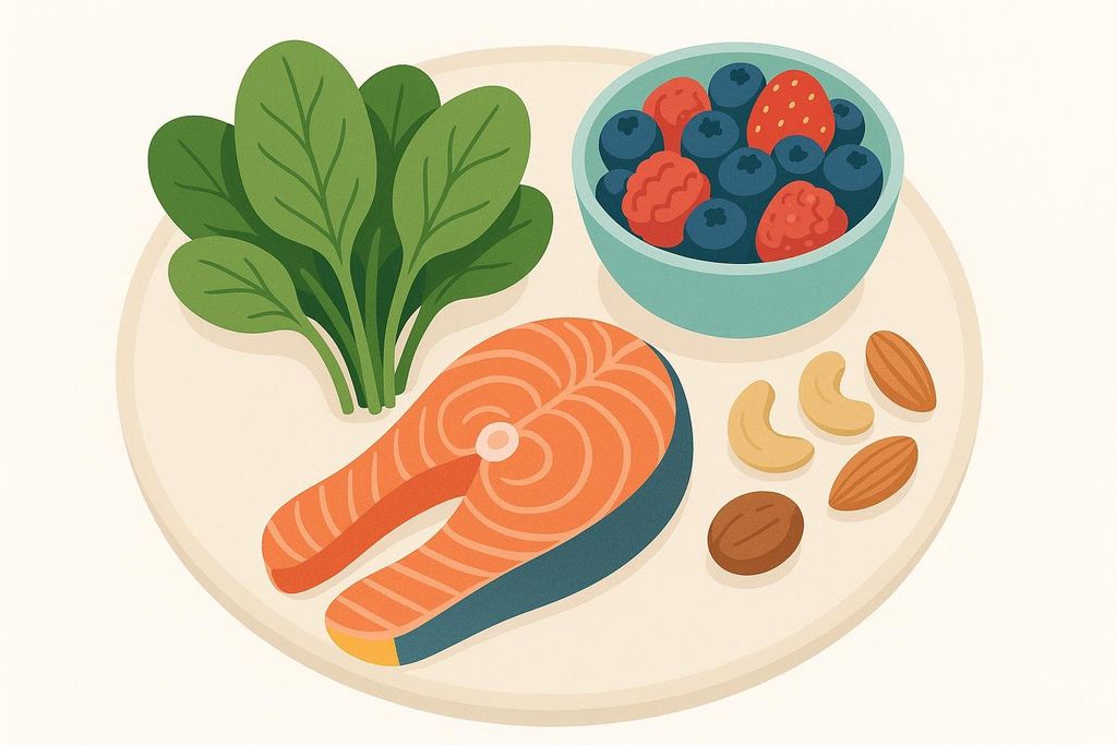 An illustration of a plate with a meal for post-surgery recovery, featuring a salmon fillet, a bunch of spinach, a bowl of mixed berries (strawberries, raspberries, and blueberries), and a small cluster of assorted nuts (almonds, cashews, and a pecan).