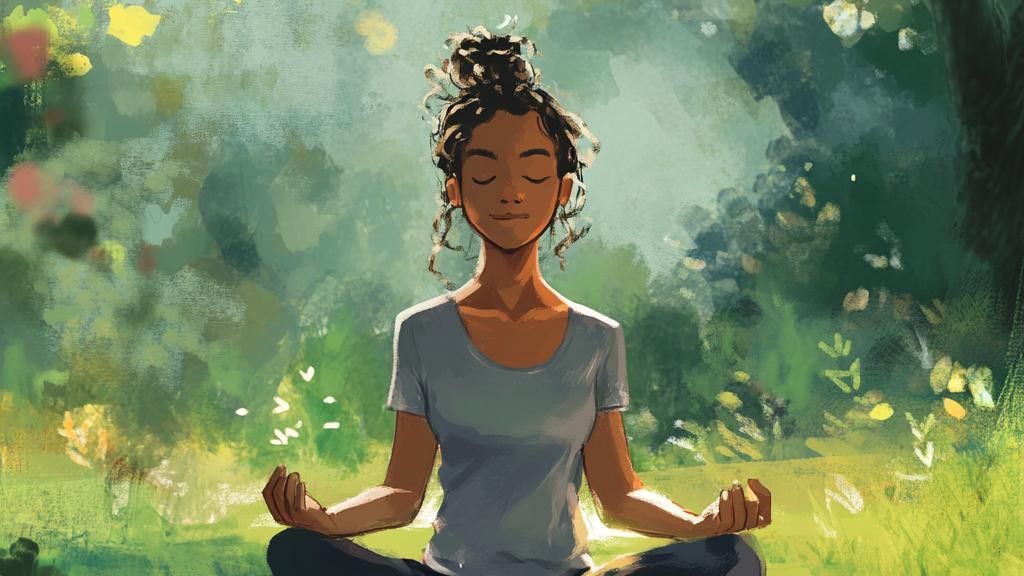 A stylized painting of a woman with her eyes closed and hands resting on her knees while meditating outdoors.