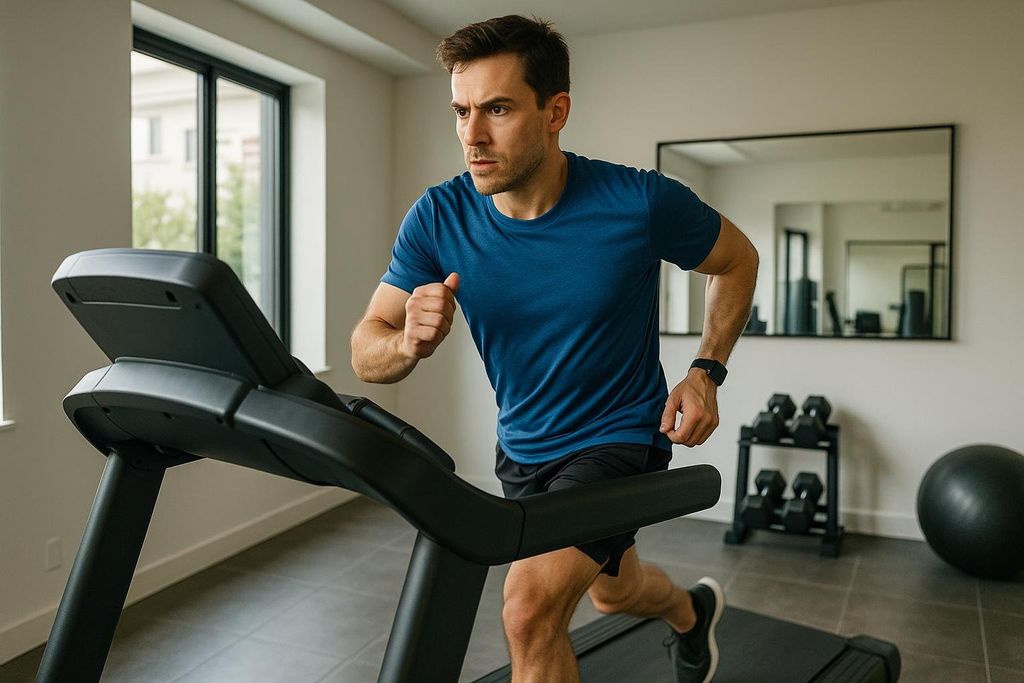 A man in a blue t-shirt and black shorts is intensely focused while running on a treadmill indoors. He is wearing a smartwatch, and in the background, there's a large window, a mirror reflecting parts of the room, a dumbbell rack, and an exercise ball.