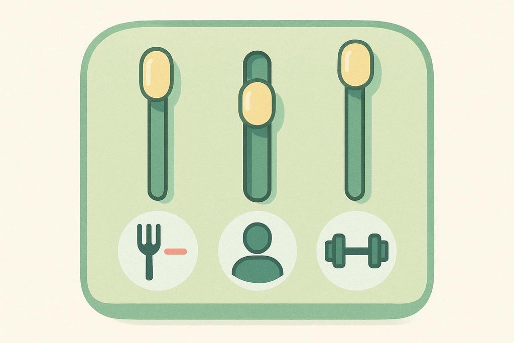 Illustration depicting three control levers with icons underneath, representing factors in weight loss: a fork with a minus sign (calorie deficit), a person icon (body size/metabolism), and a dumbbell (activity level).