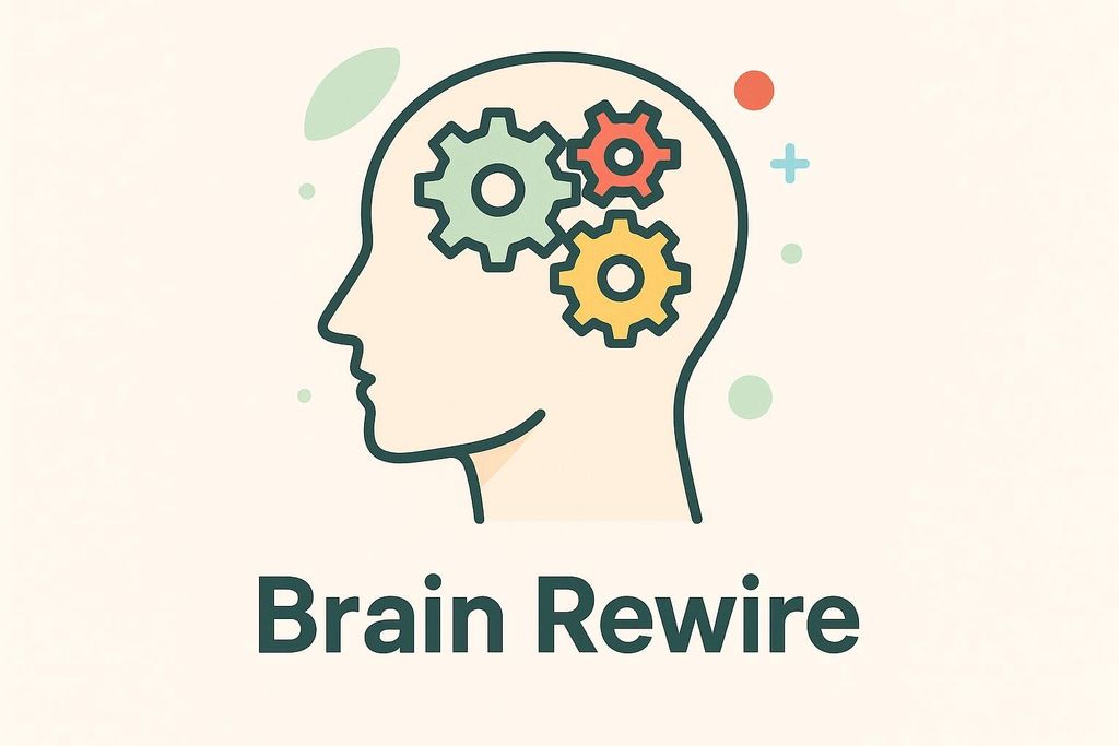 Brain filled with gears illustrating rewiring habits alongside text.