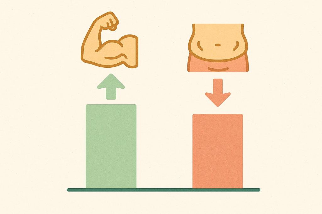 A bar chart with icons showing an increase in muscle and a decrease in fat, illustrating positive body composition changes from fitness.