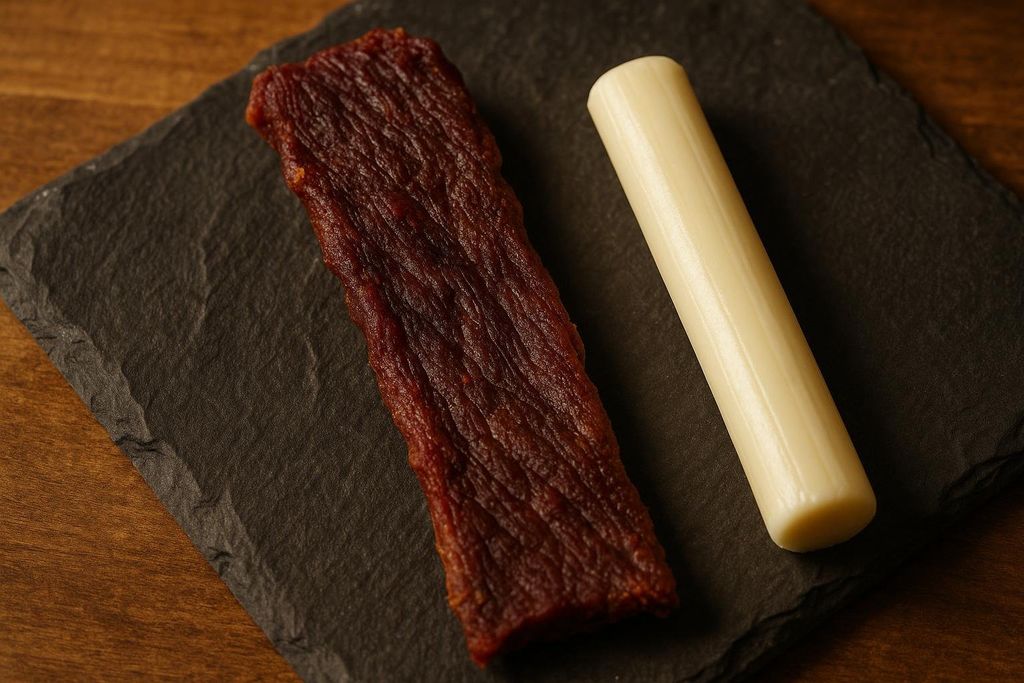 A close-up of a dark red strip of beef jerky and a white stick of string cheese lying side-by-side on a textured dark gray slate board, with a blurred wooden surface visible in the background.