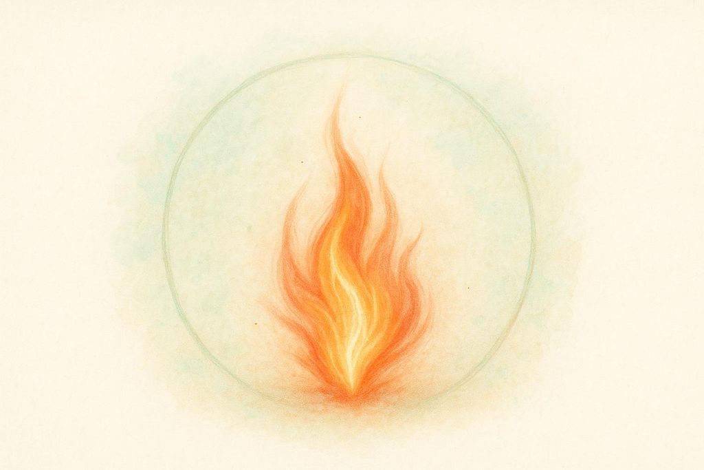 An abstract illustration of a small, gentle spark or flame, predominantly orange and yellow, centered within a faint green circular outline. The background is a soft, pale cream with hints of green wash around the circle.