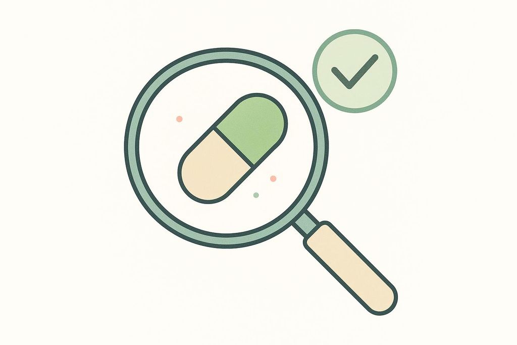 An illustration of a magnifying glass over a green and beige capsule, with a green checkmark in a circle above and to the right, symbolizing third-party testing for quality and purity. Small colorful dots are scattered around the capsule.